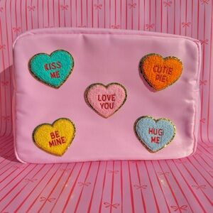 Pink Heart Embroidered Pouch